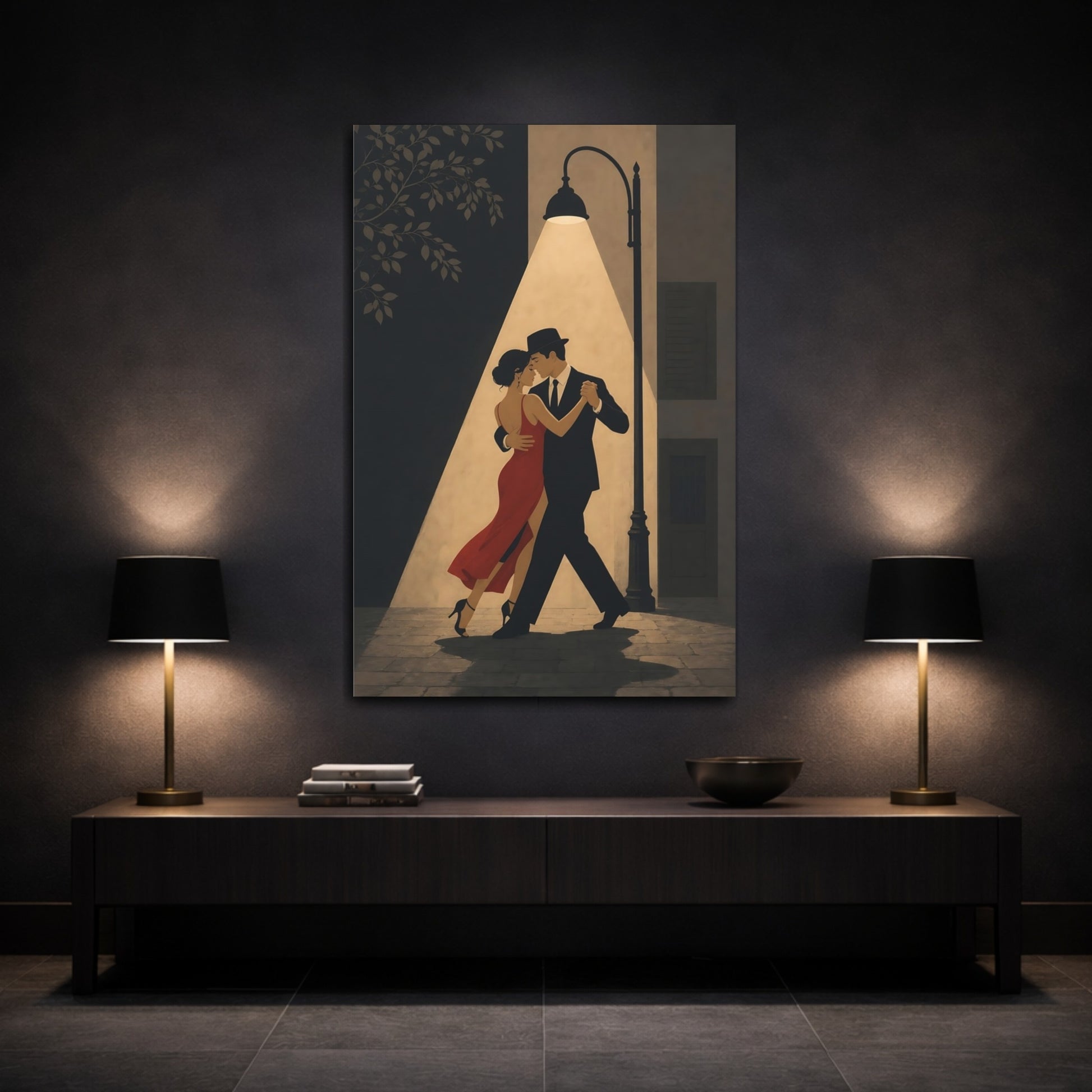 Mockup 3. Midnight Tango Under Lamp shown as canvas print