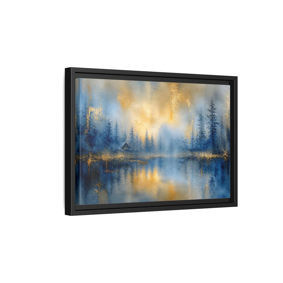 Side Mockup 6. Misty Blue Cabin shown as framed canvas print