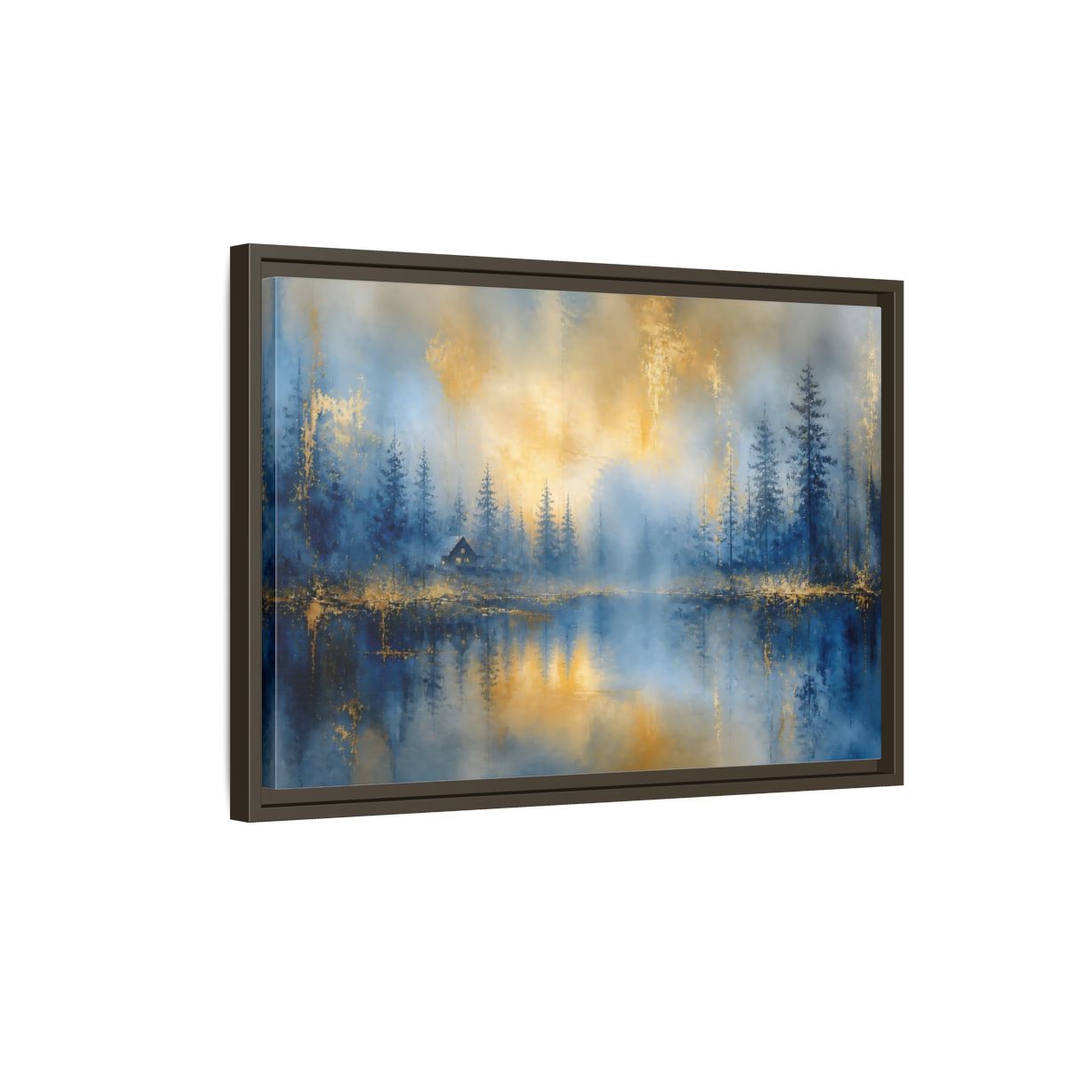 Side Mockup 2. Misty Blue Cabin shown as framed canvas print
