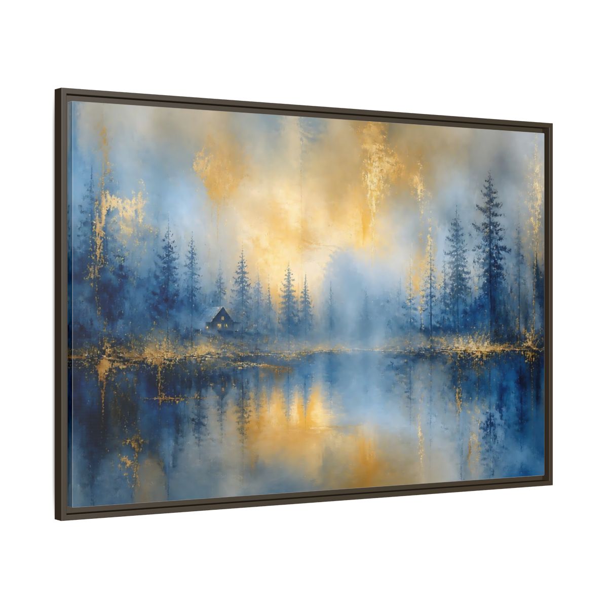Side Mockup 8. Misty Blue Cabin shown as framed canvas print