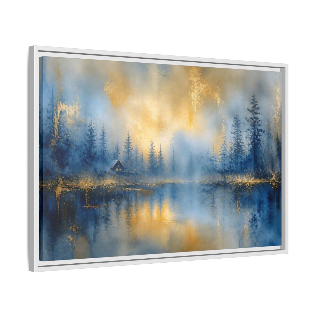 Side Mockup 10. Misty Blue Cabin shown as framed canvas print
