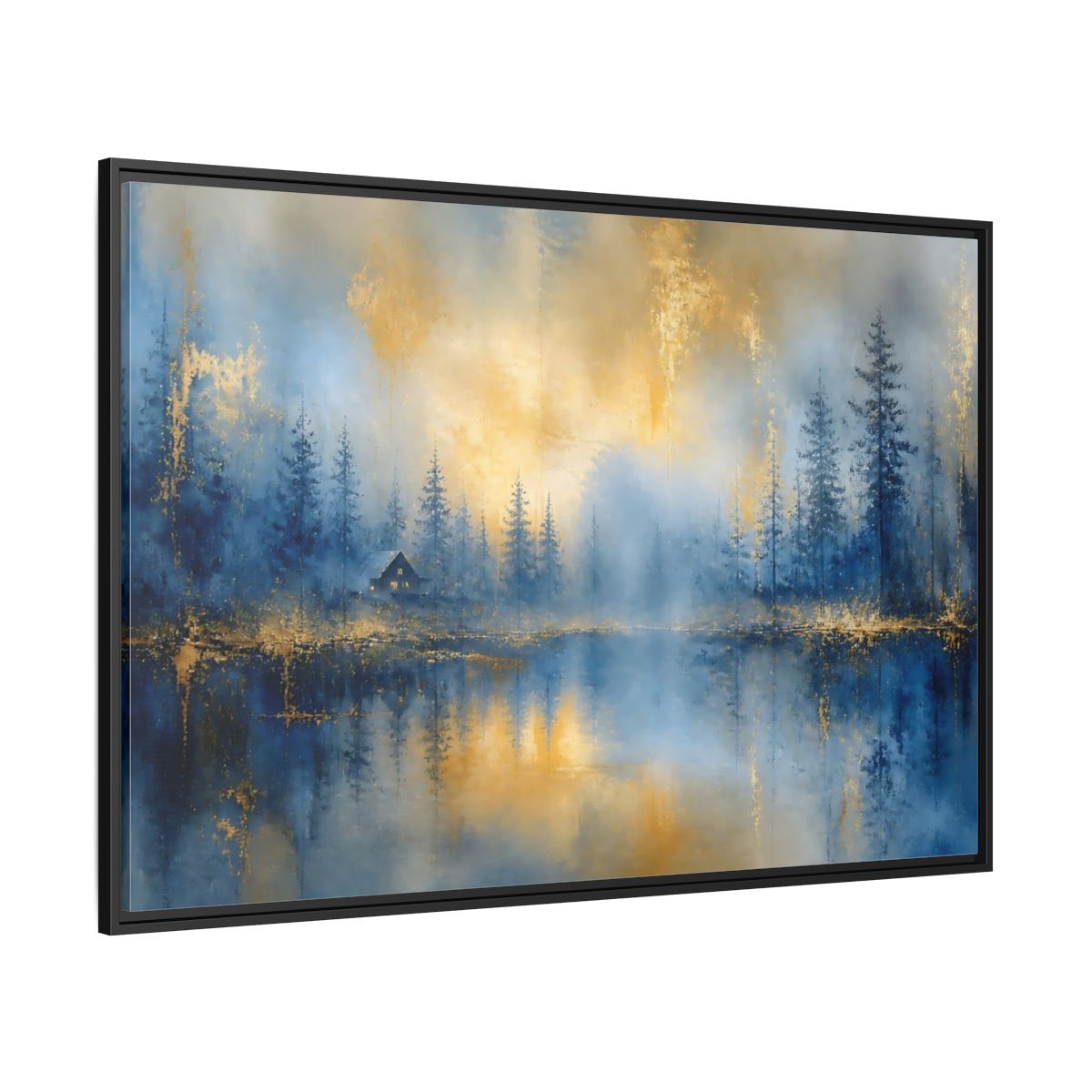Side Mockup 12. Misty Blue Cabin shown as framed canvas print