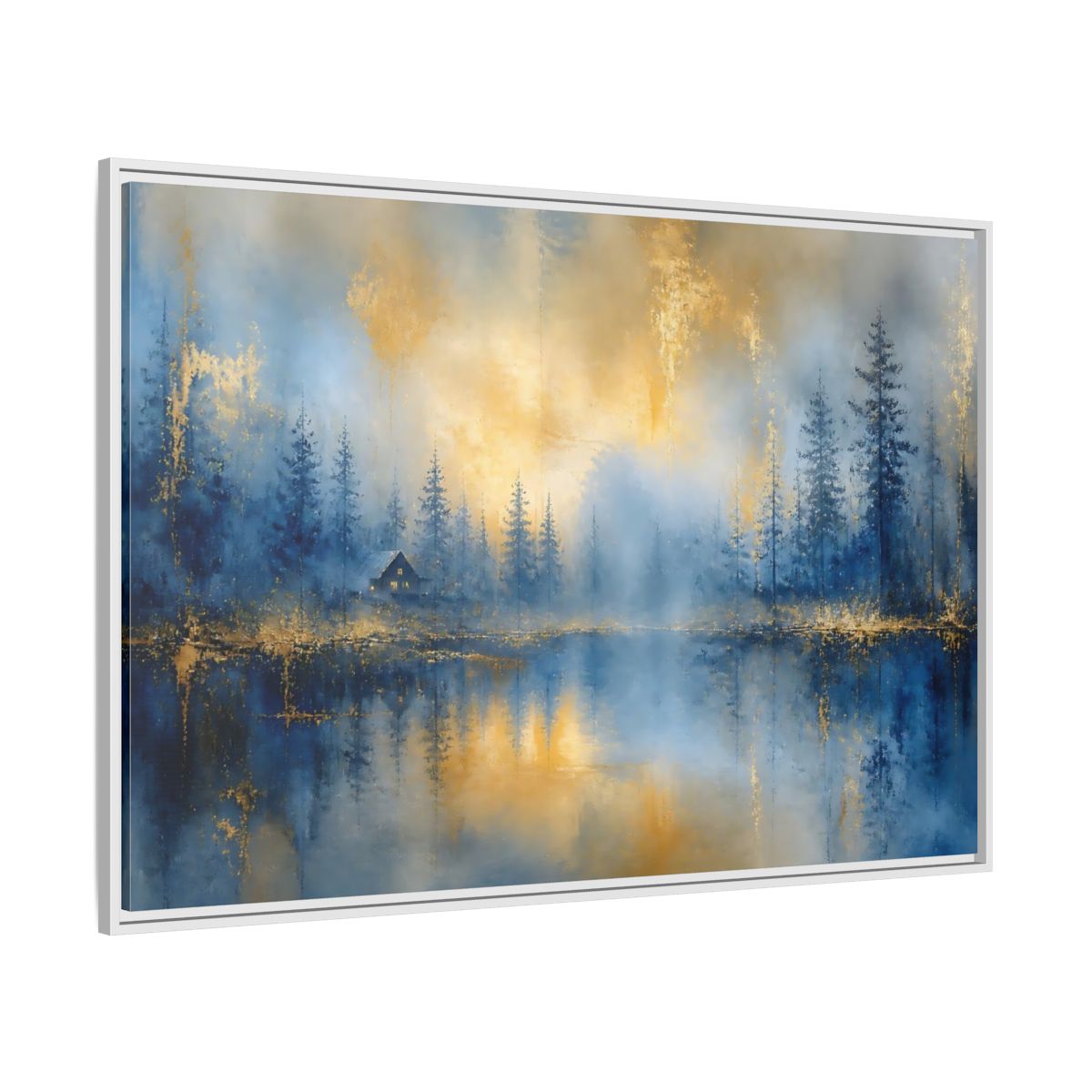 Side Mockup 7. Misty Blue Cabin shown as framed canvas print