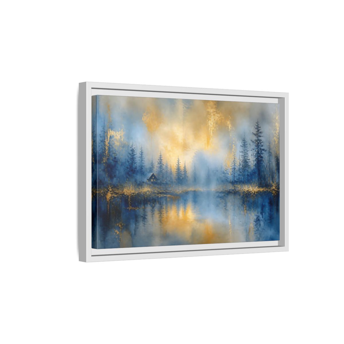 Side Mockup 4. Misty Blue Cabin shown as framed canvas print