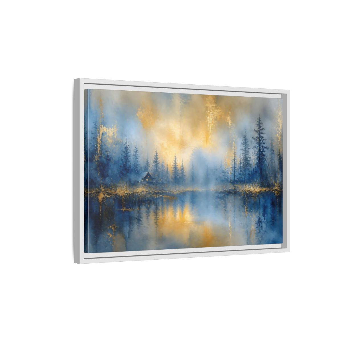 Side Mockup 1. Misty Blue Cabin shown as framed canvas print