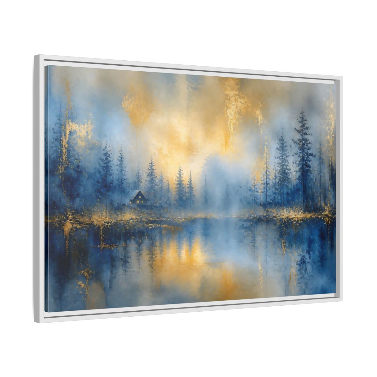Side Mockup 9. Misty Blue Cabin shown as framed canvas print