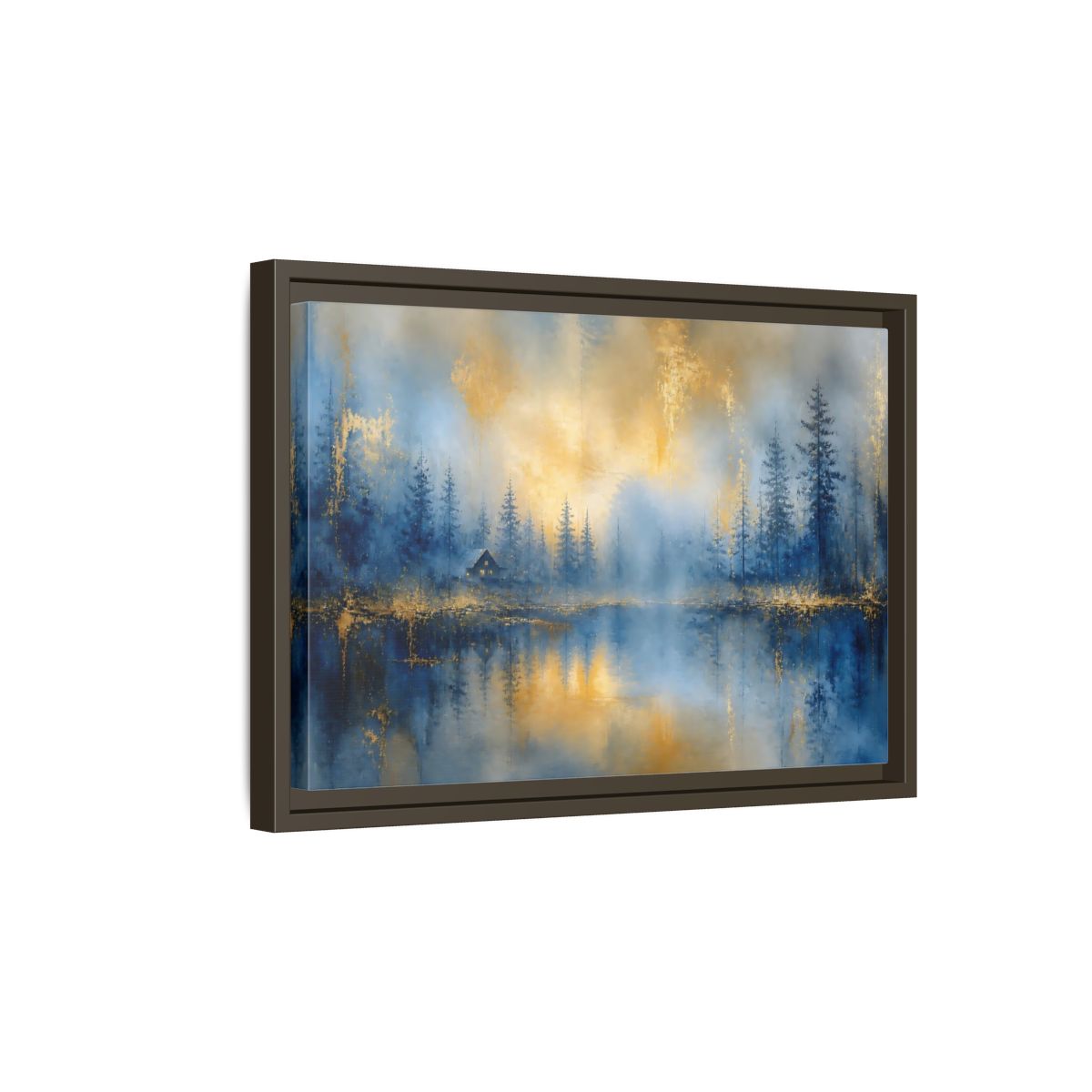 Side Mockup 5. Misty Blue Cabin shown as framed canvas print
