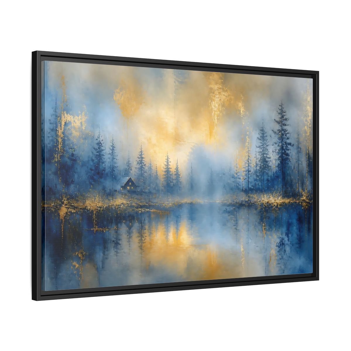 Side Mockup 13. Misty Blue Cabin shown as framed canvas print