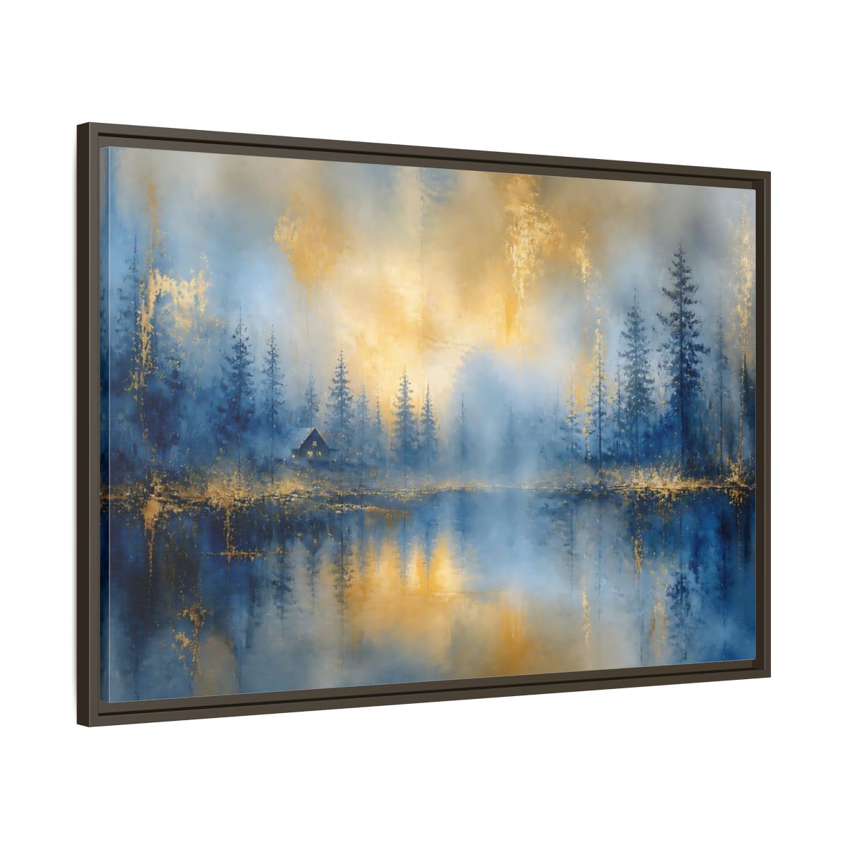 Main Mockup. Misty Blue Cabin shown as framed canvas print