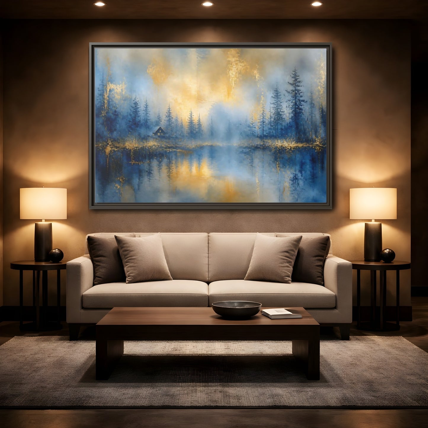 Mockup 2. Misty Blue Cabin shown as framed canvas print