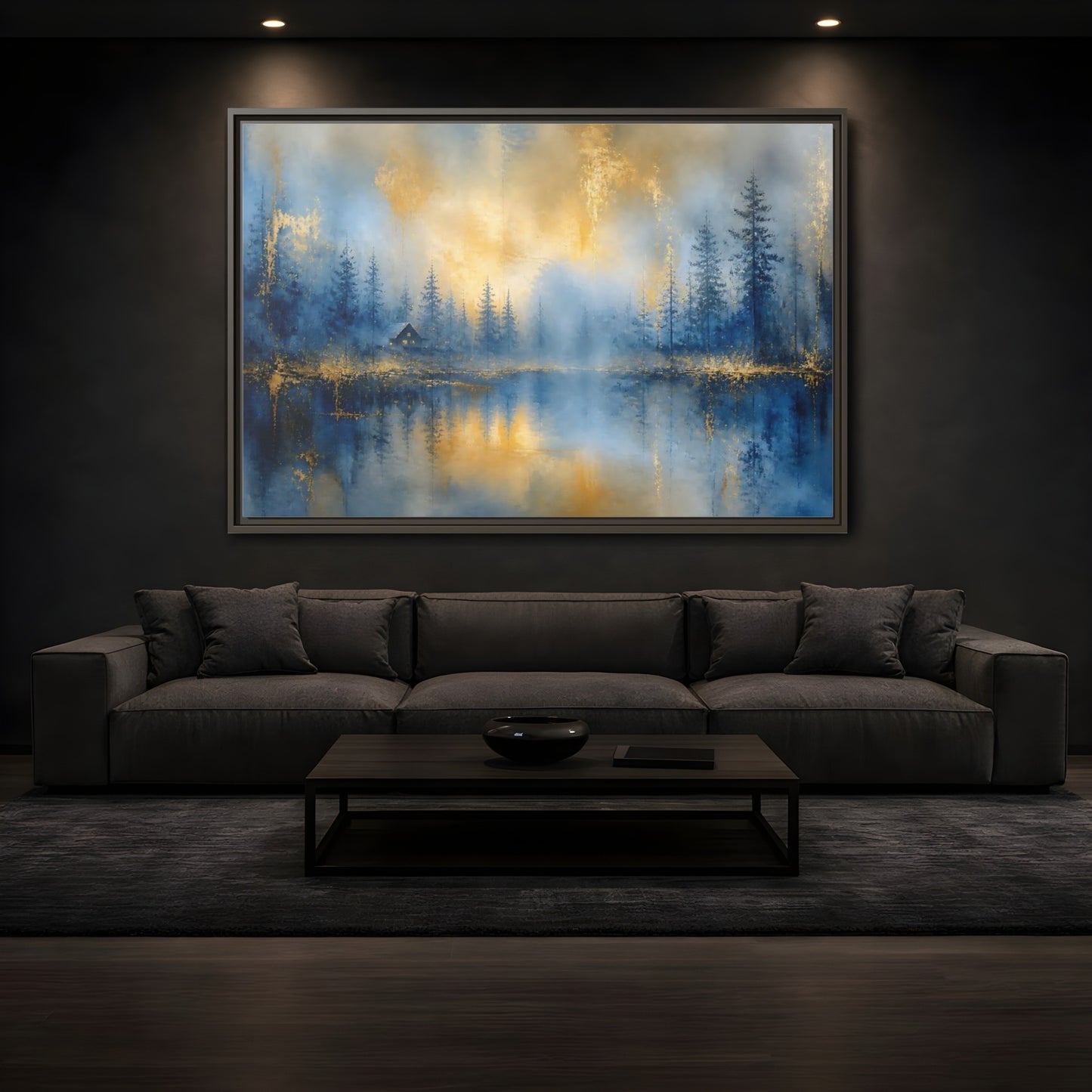 Mockup 3. Misty Blue Cabin shown as framed canvas print