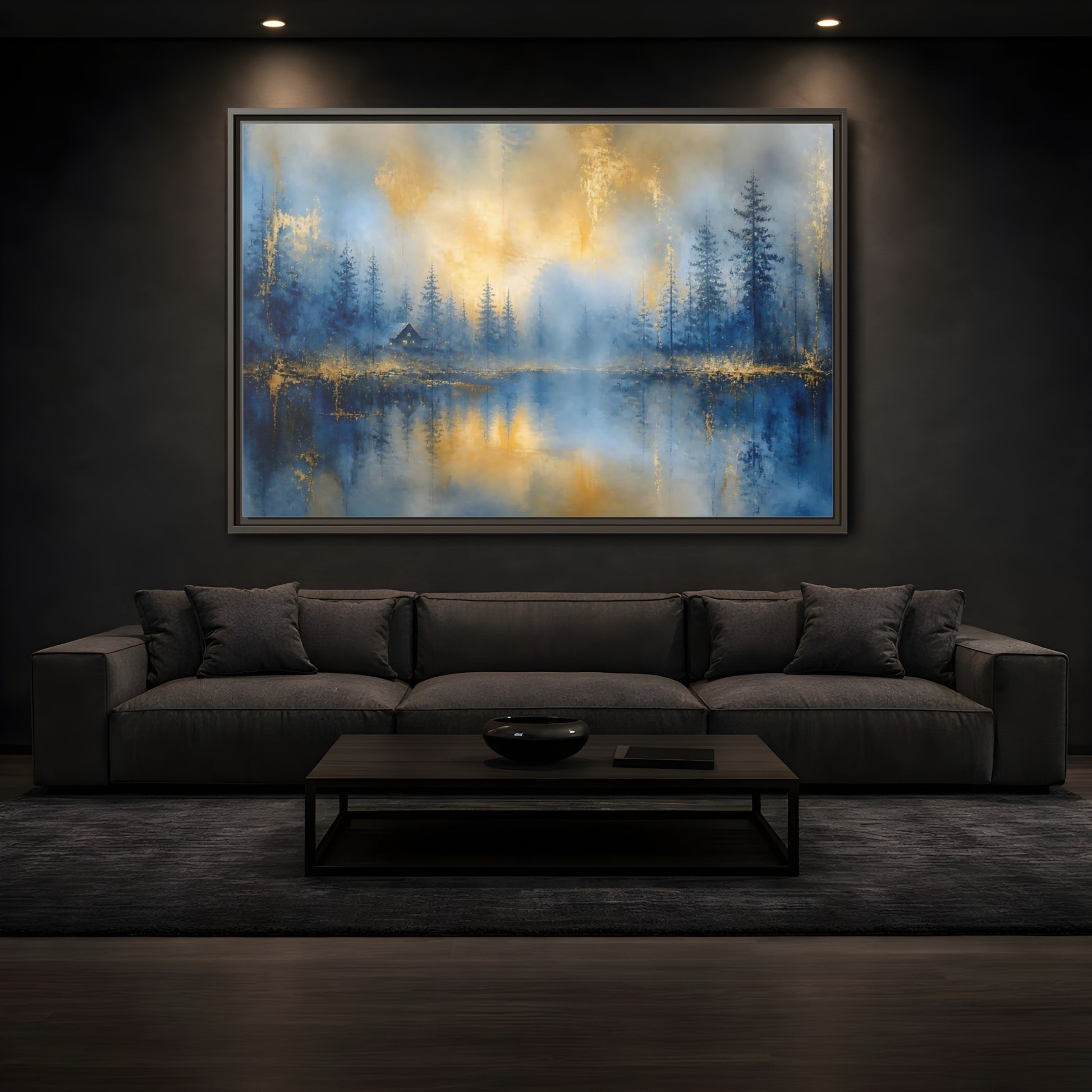 Mockup 3. Misty Blue Cabin shown as framed canvas print