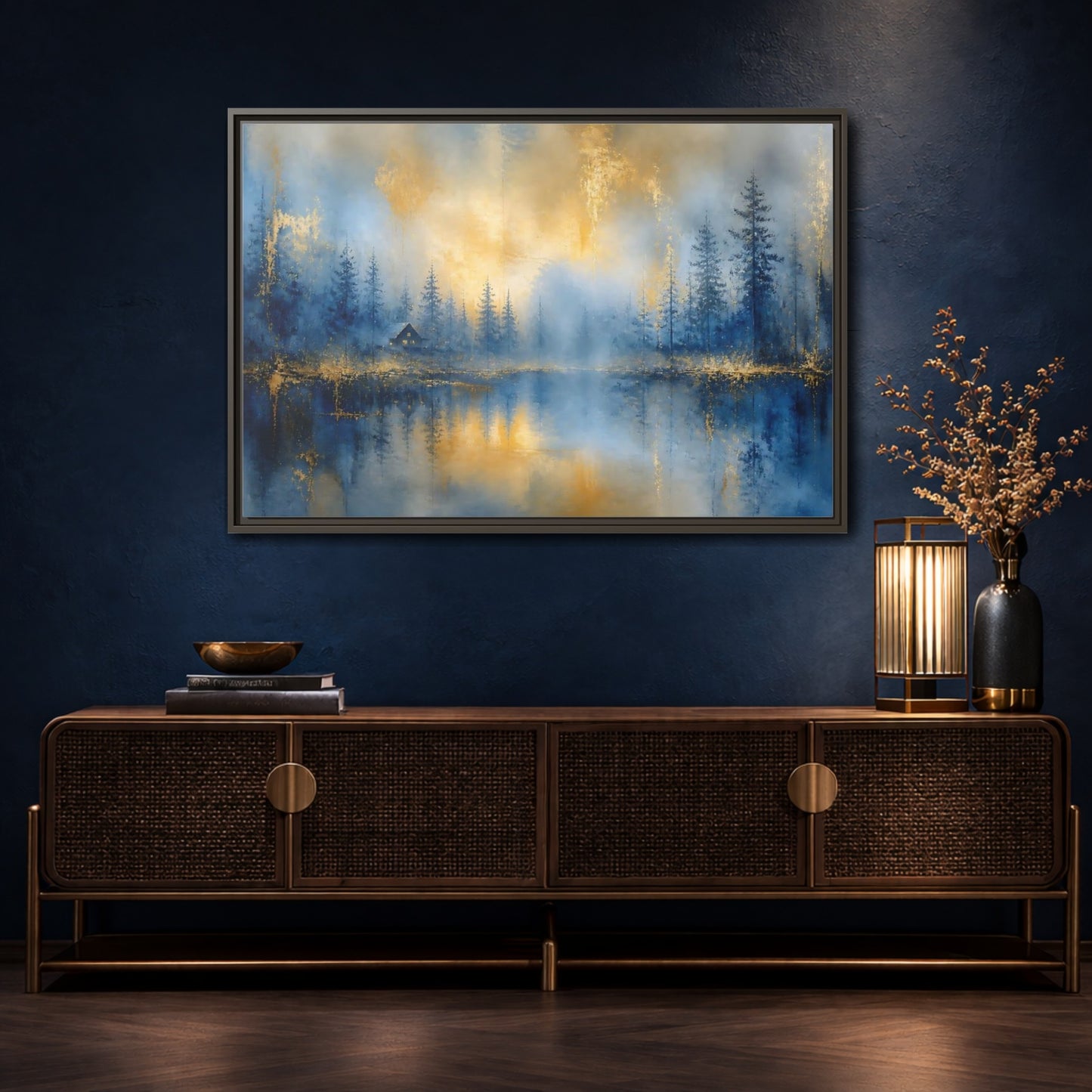 Mockup 4. Misty Blue Cabin shown as framed canvas print
