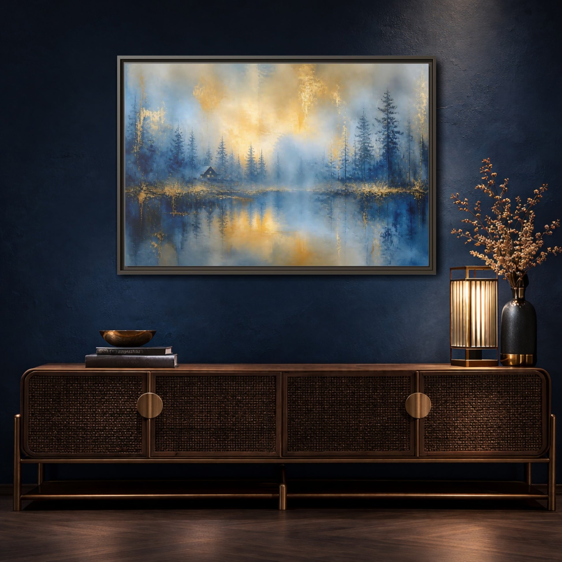 Mockup 4. Misty Blue Cabin shown as framed canvas print