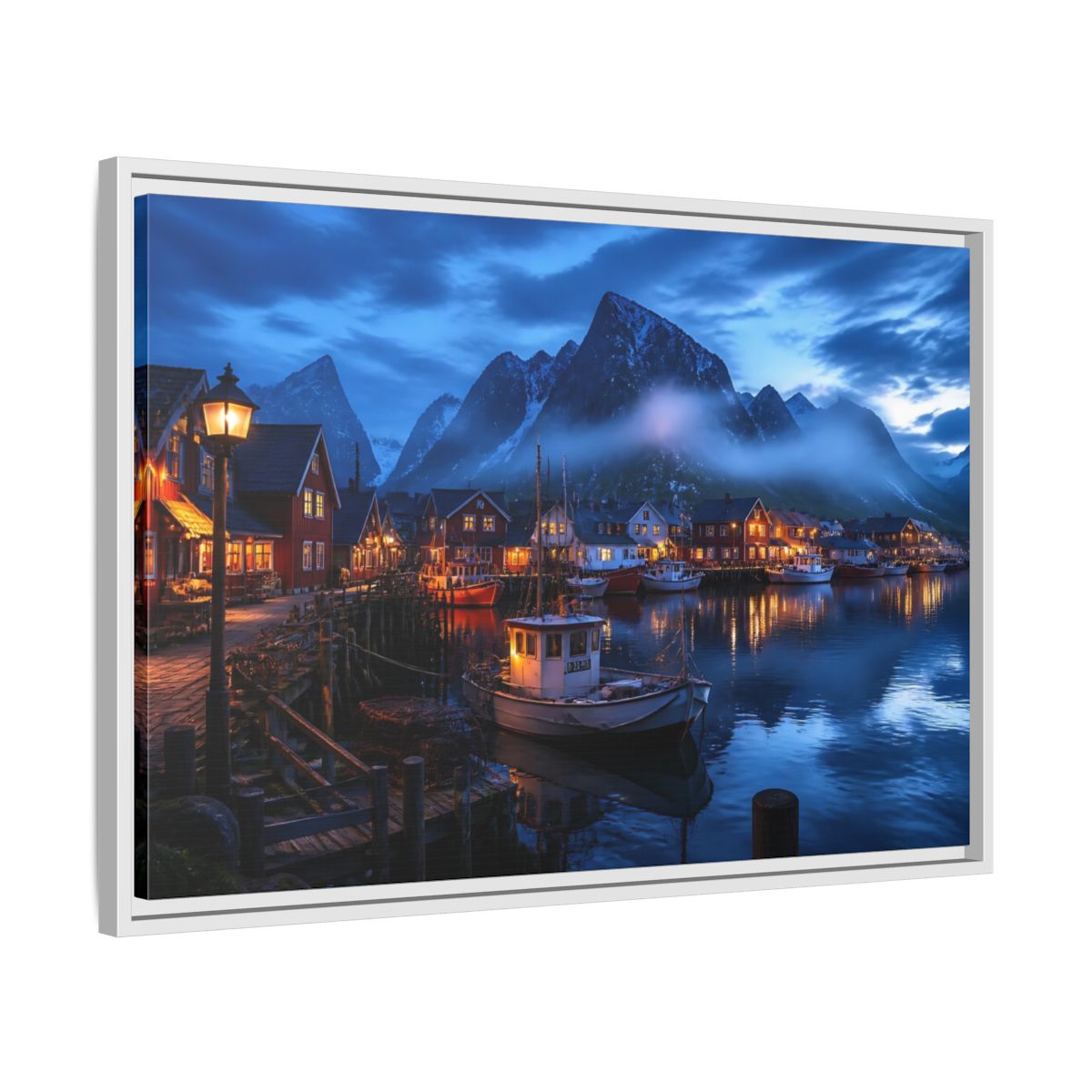 Side Mockup 10. Misty Blue Harbor Town shown as framed canvas print