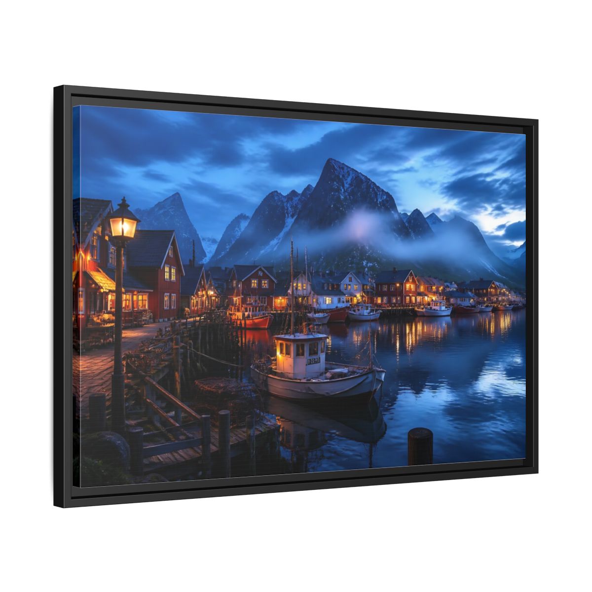 Side Mockup 14. Misty Blue Harbor Town shown as framed canvas print