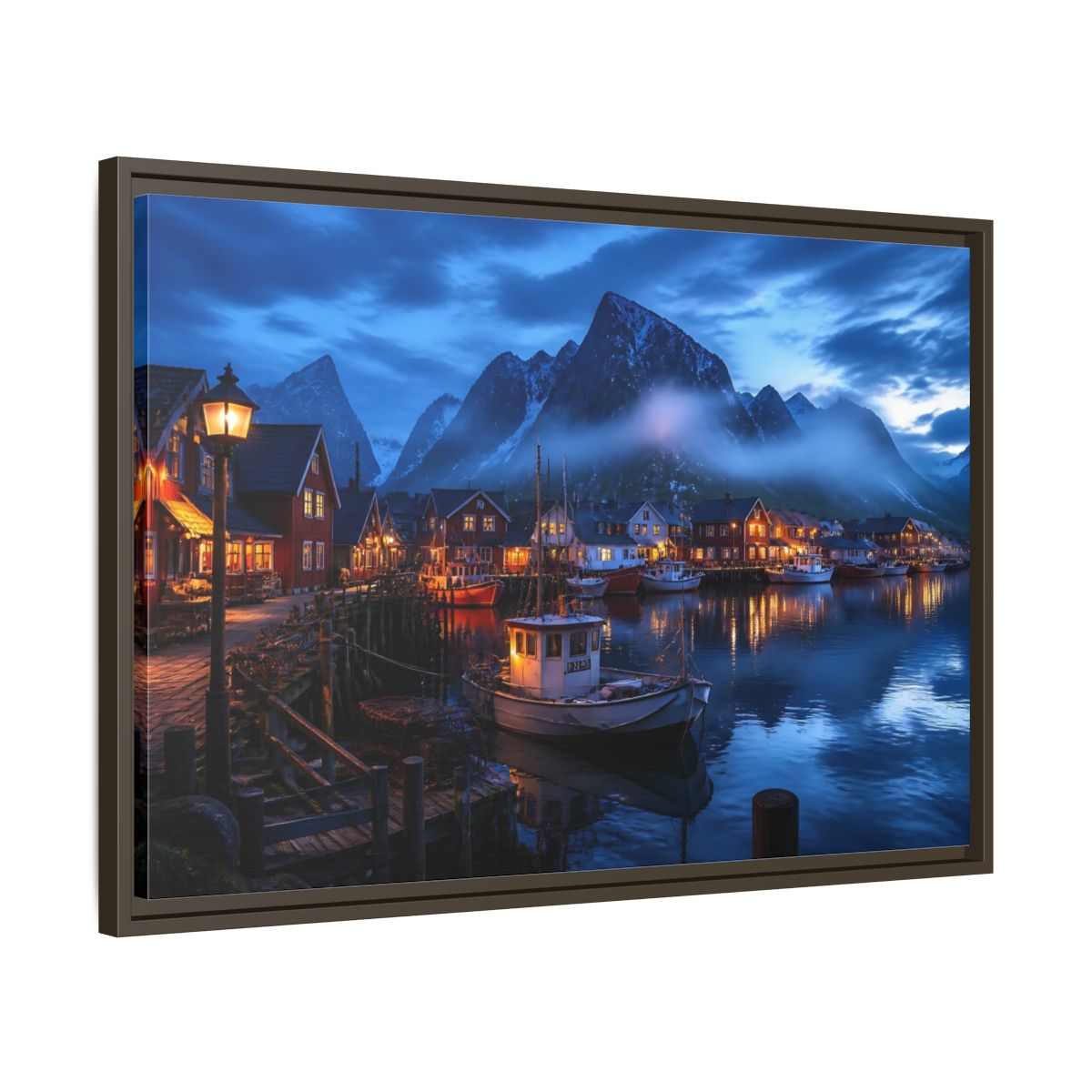 Side Mockup 11. Misty Blue Harbor Town shown as framed canvas print