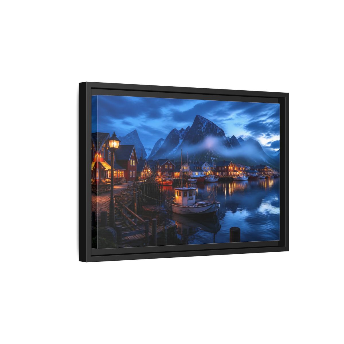 Side Mockup 6. Misty Blue Harbor Town shown as framed canvas print