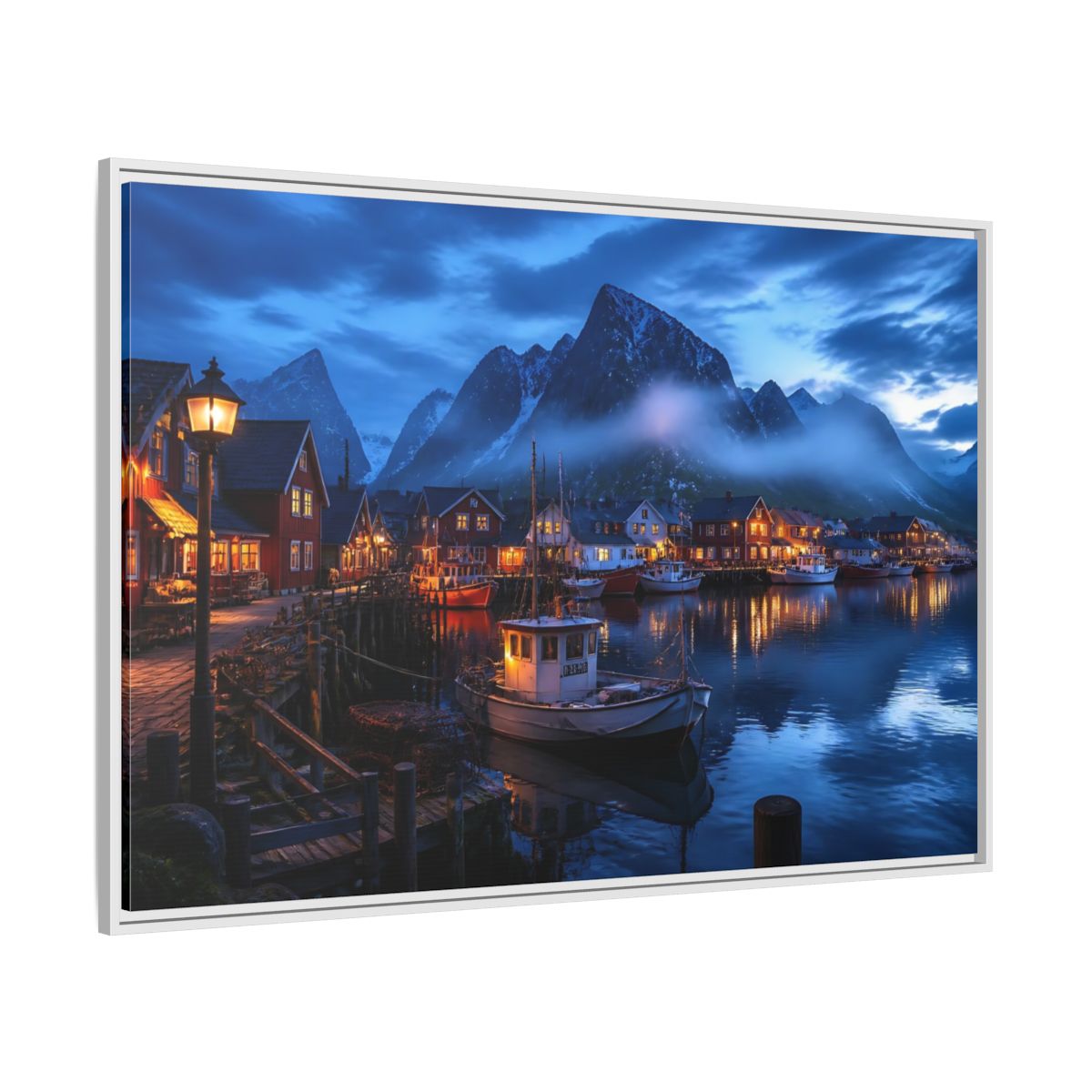 Side Mockup 7. Misty Blue Harbor Town shown as framed canvas print