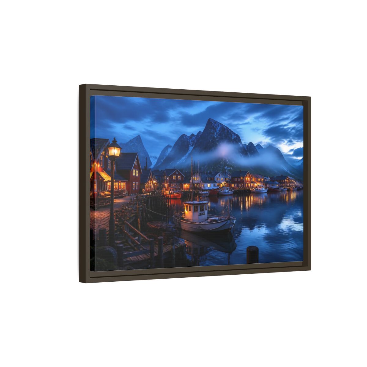 Side Mockup 2. Misty Blue Harbor Town shown as framed canvas print