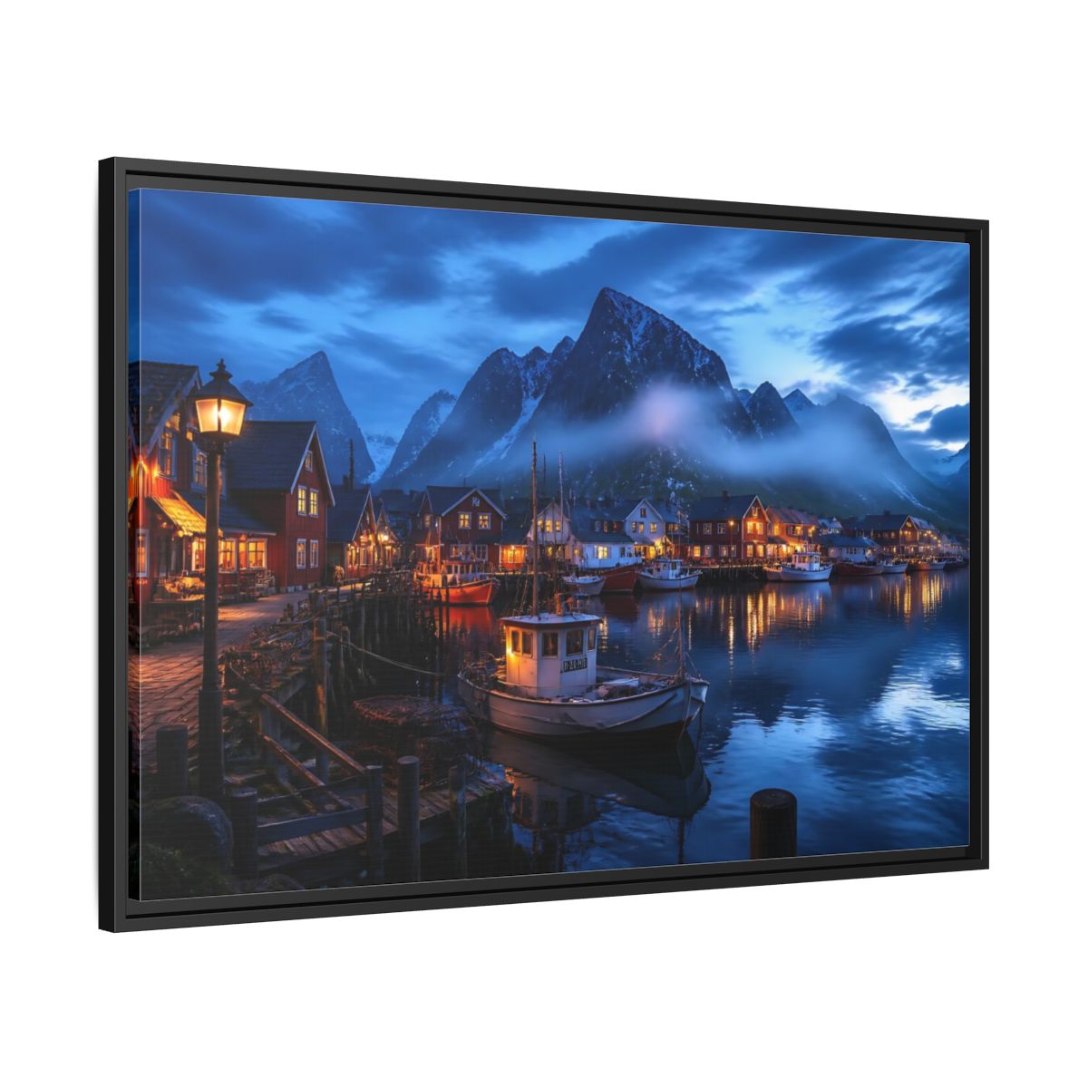 Side Mockup 13. Misty Blue Harbor Town shown as framed canvas print
