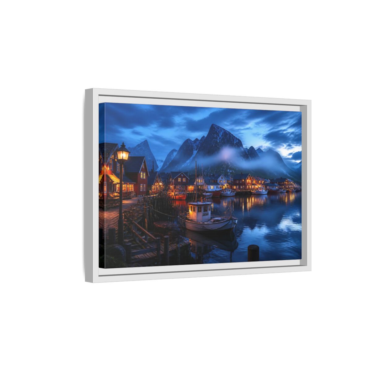 Side Mockup 4. Misty Blue Harbor Town shown as framed canvas print