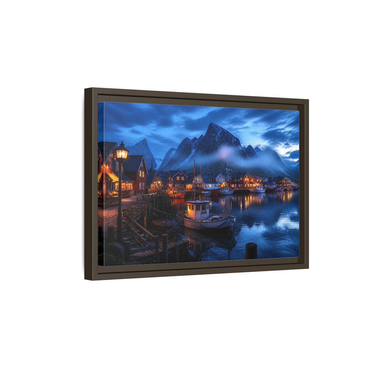 Side Mockup 5. Misty Blue Harbor Town shown as framed canvas print