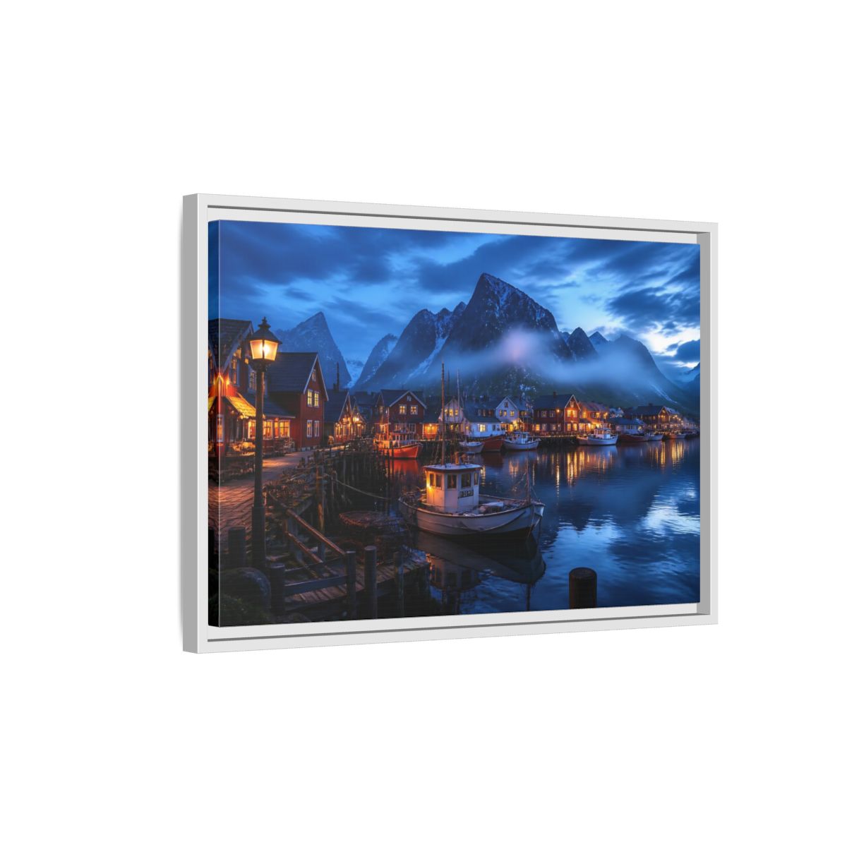 Side Mockup 1. Misty Blue Harbor Town shown as framed canvas print
