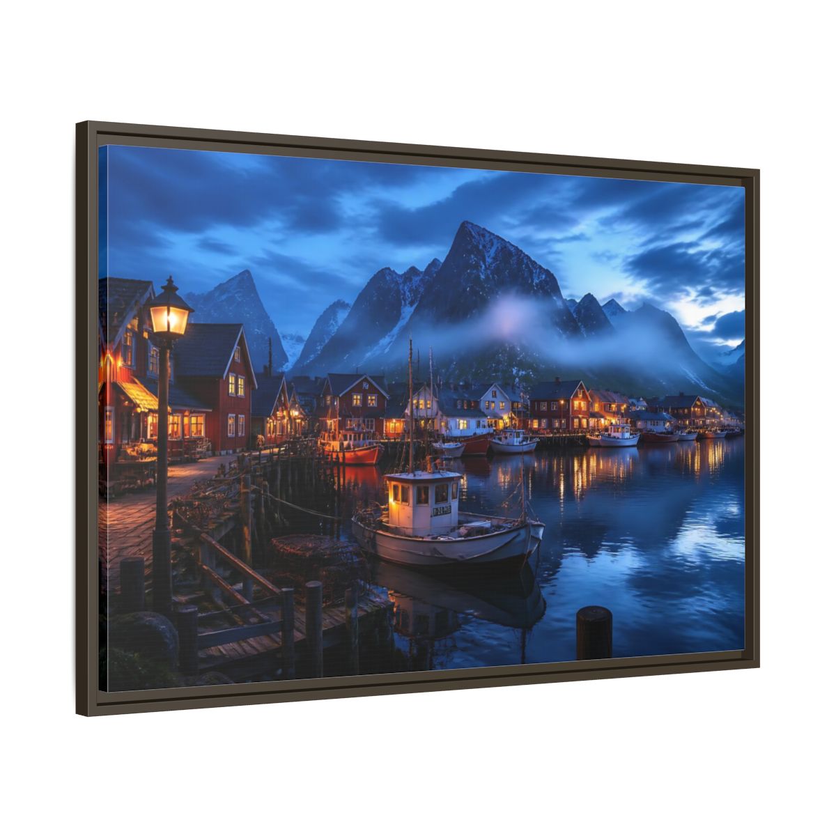 Main Mockup. Misty Blue Harbor Town shown as framed canvas print