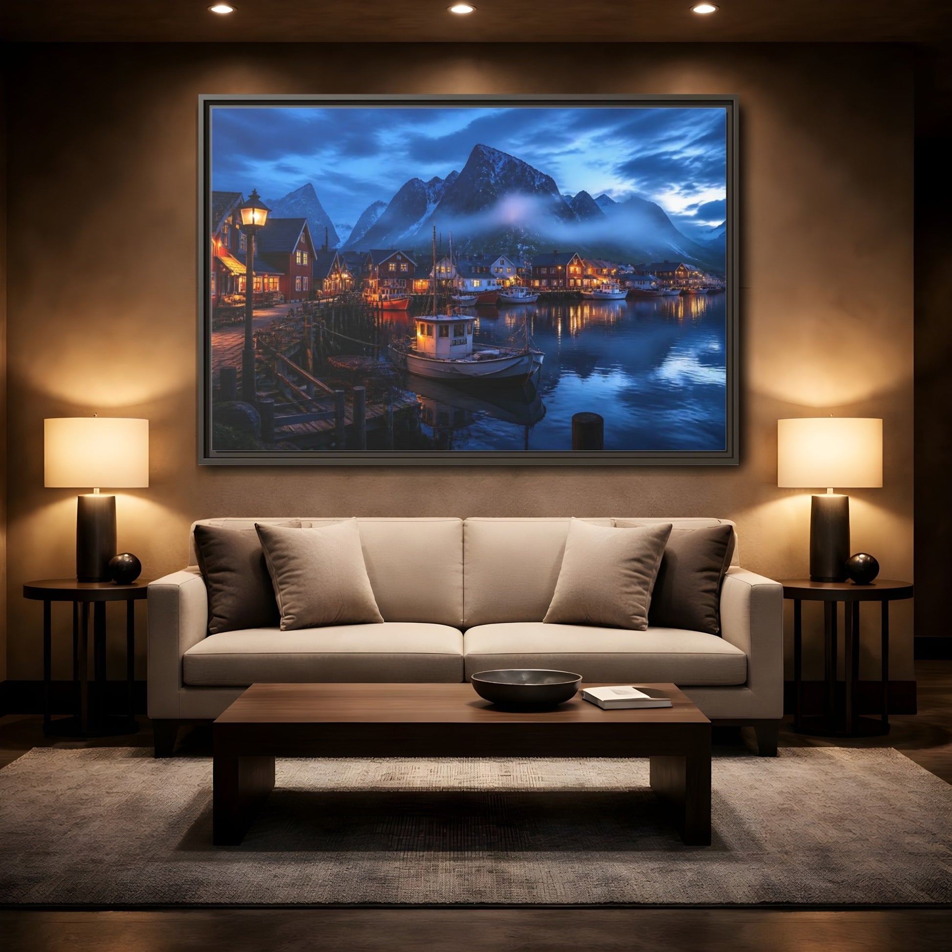 Mockup 2. Misty Blue Harbor Town shown as framed canvas print