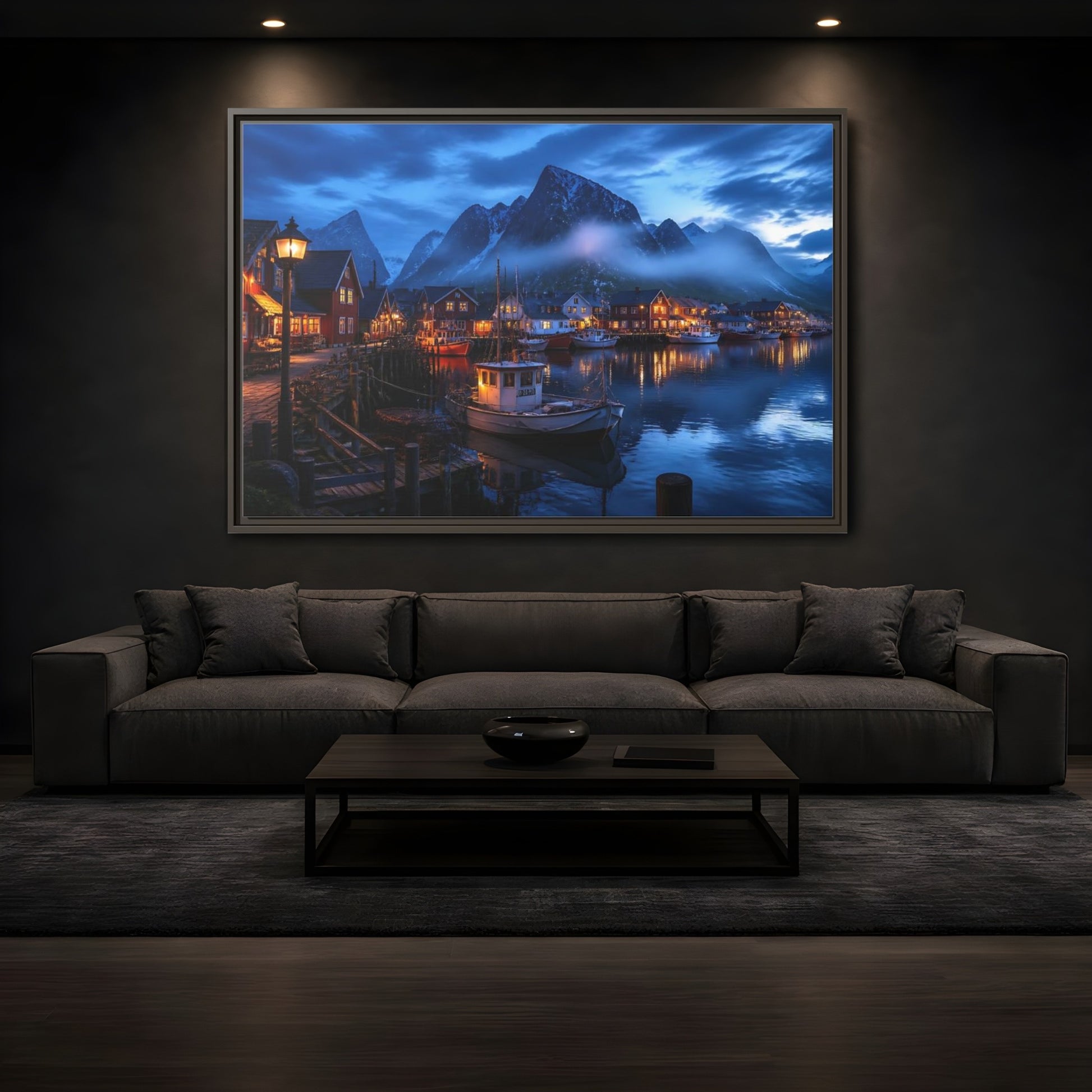 Mockup 3. Misty Blue Harbor Town shown as framed canvas print