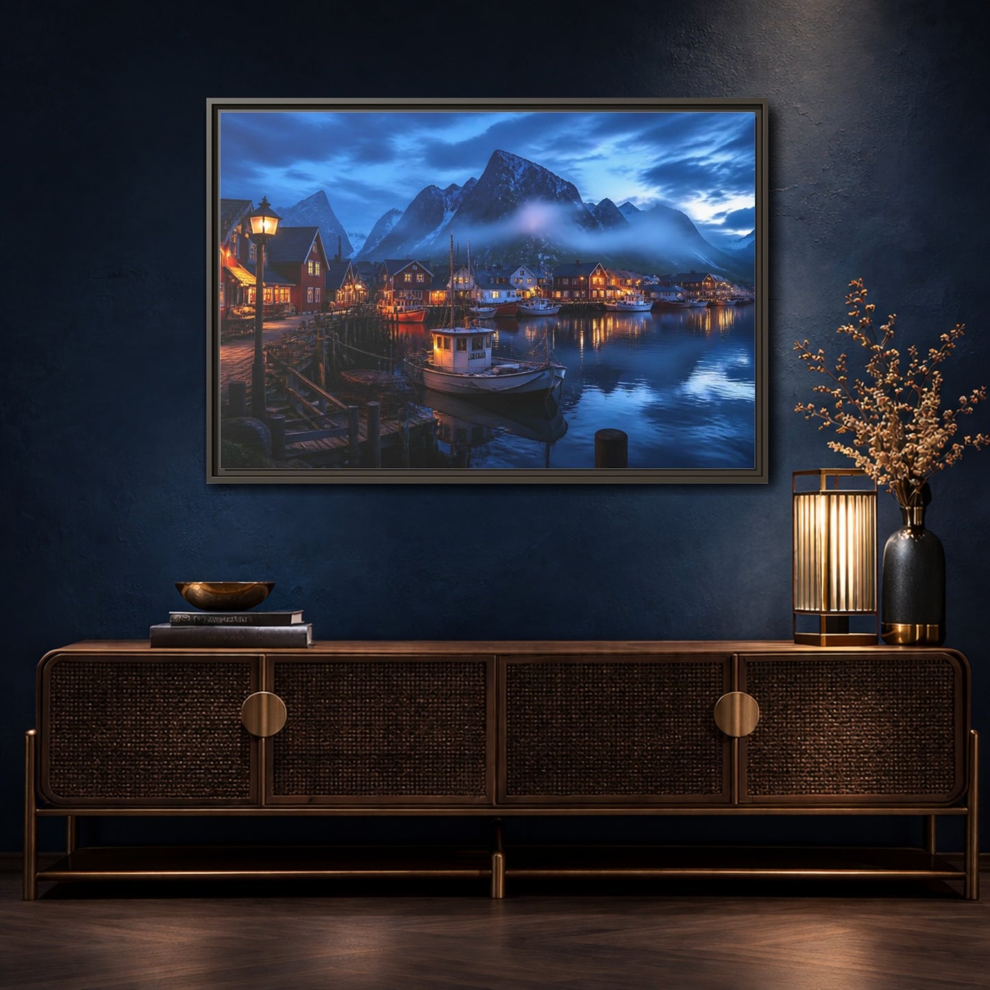 Mockup 4. Misty Blue Harbor Town shown as framed canvas print