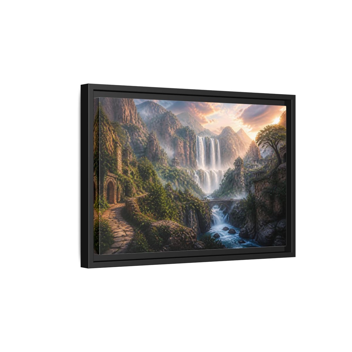 Side Mockup 6. Misty Canyon Waterfall Ruins shown as framed canvas print