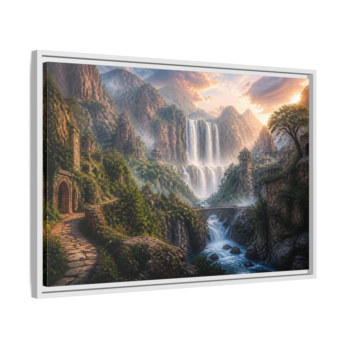 Side Mockup 10. Misty Canyon Waterfall Ruins shown as framed canvas print