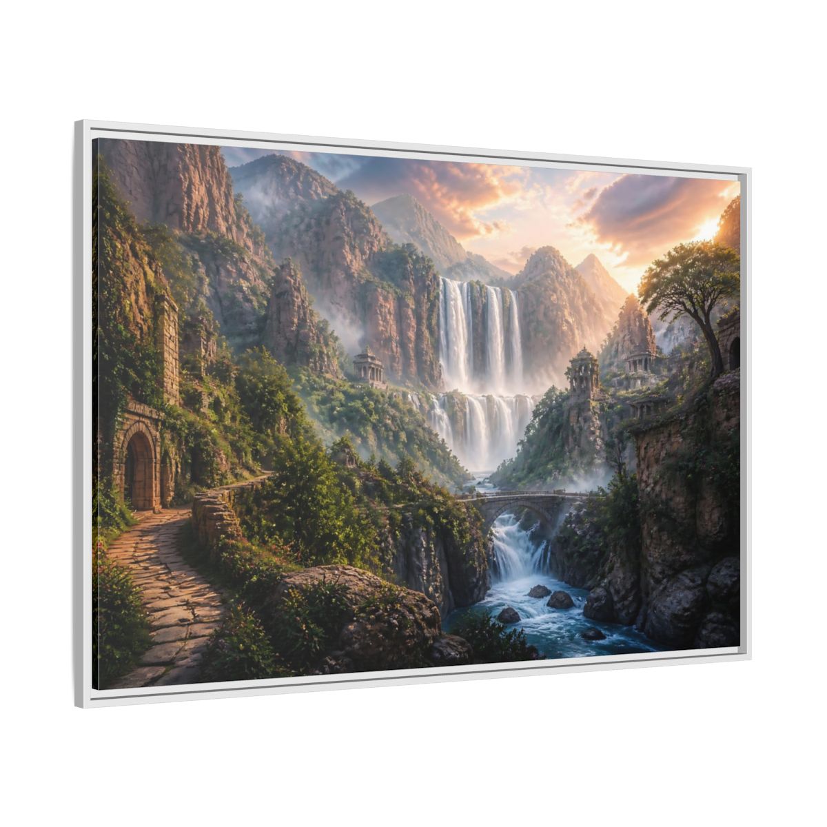 Side Mockup 7. Misty Canyon Waterfall Ruins shown as framed canvas print