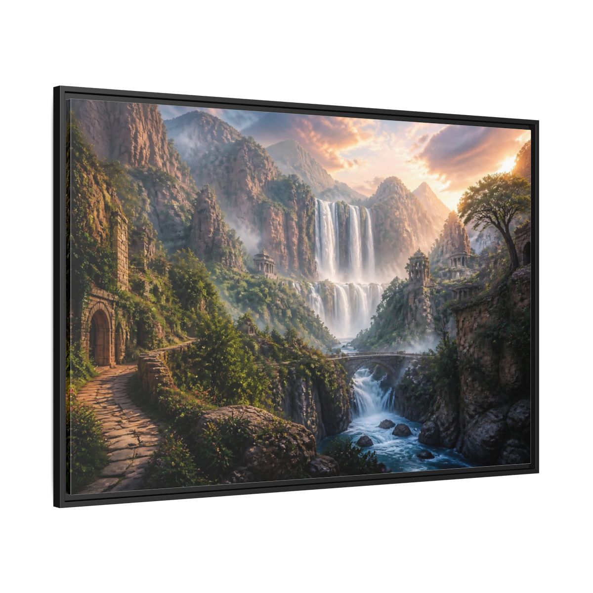Side Mockup 12. Misty Canyon Waterfall Ruins shown as framed canvas print