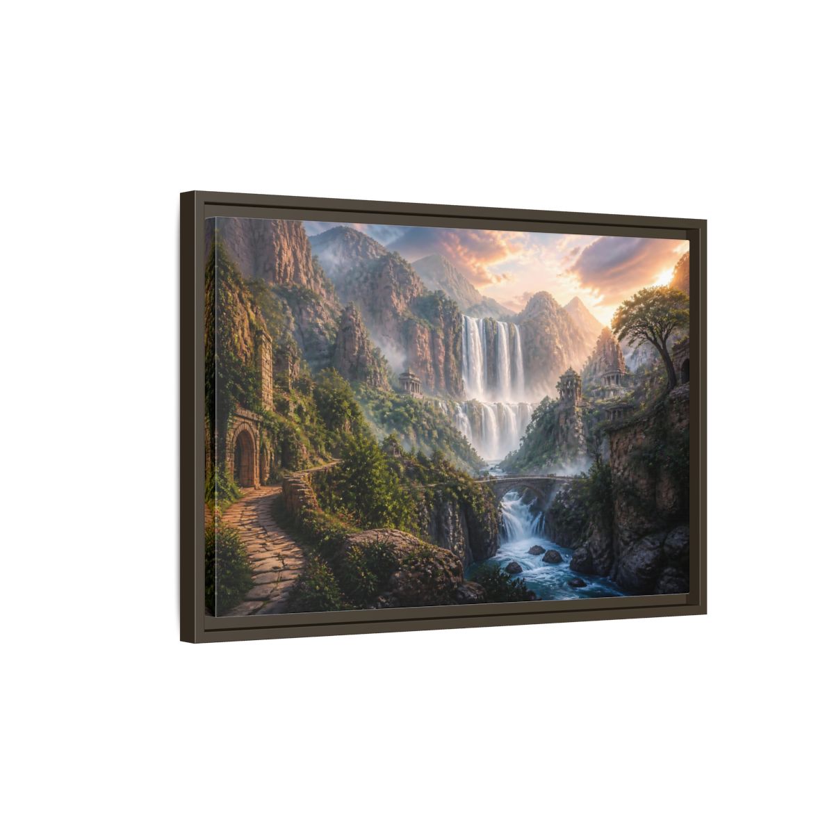 Side Mockup 2. Misty Canyon Waterfall Ruins shown as framed canvas print