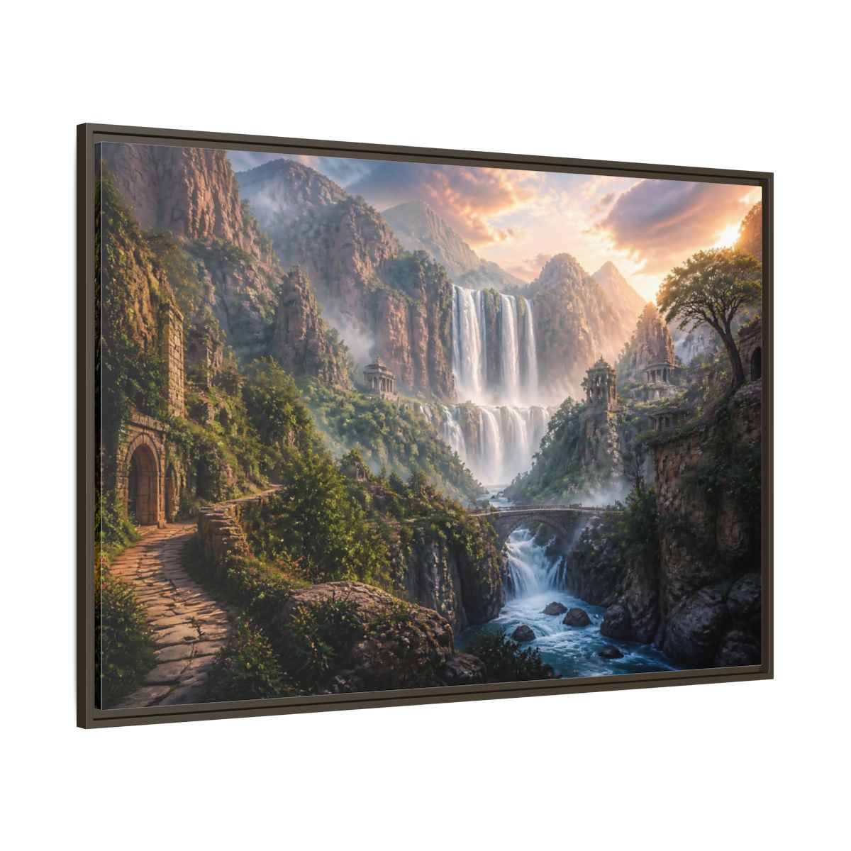 Side Mockup 8. Misty Canyon Waterfall Ruins shown as framed canvas print