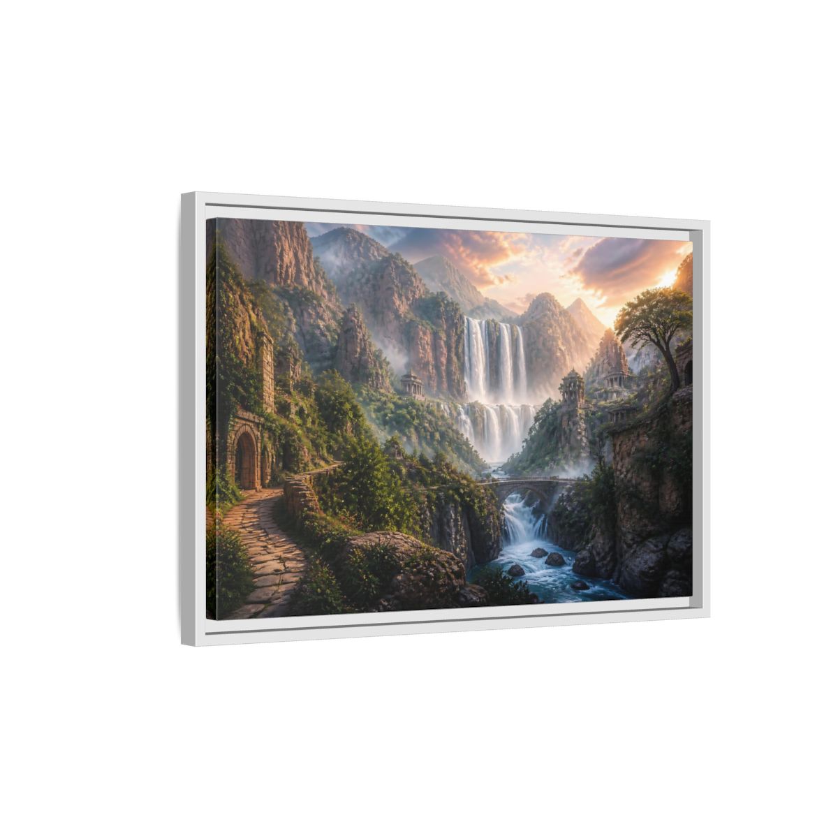 Side Mockup 1. Misty Canyon Waterfall Ruins shown as framed canvas print