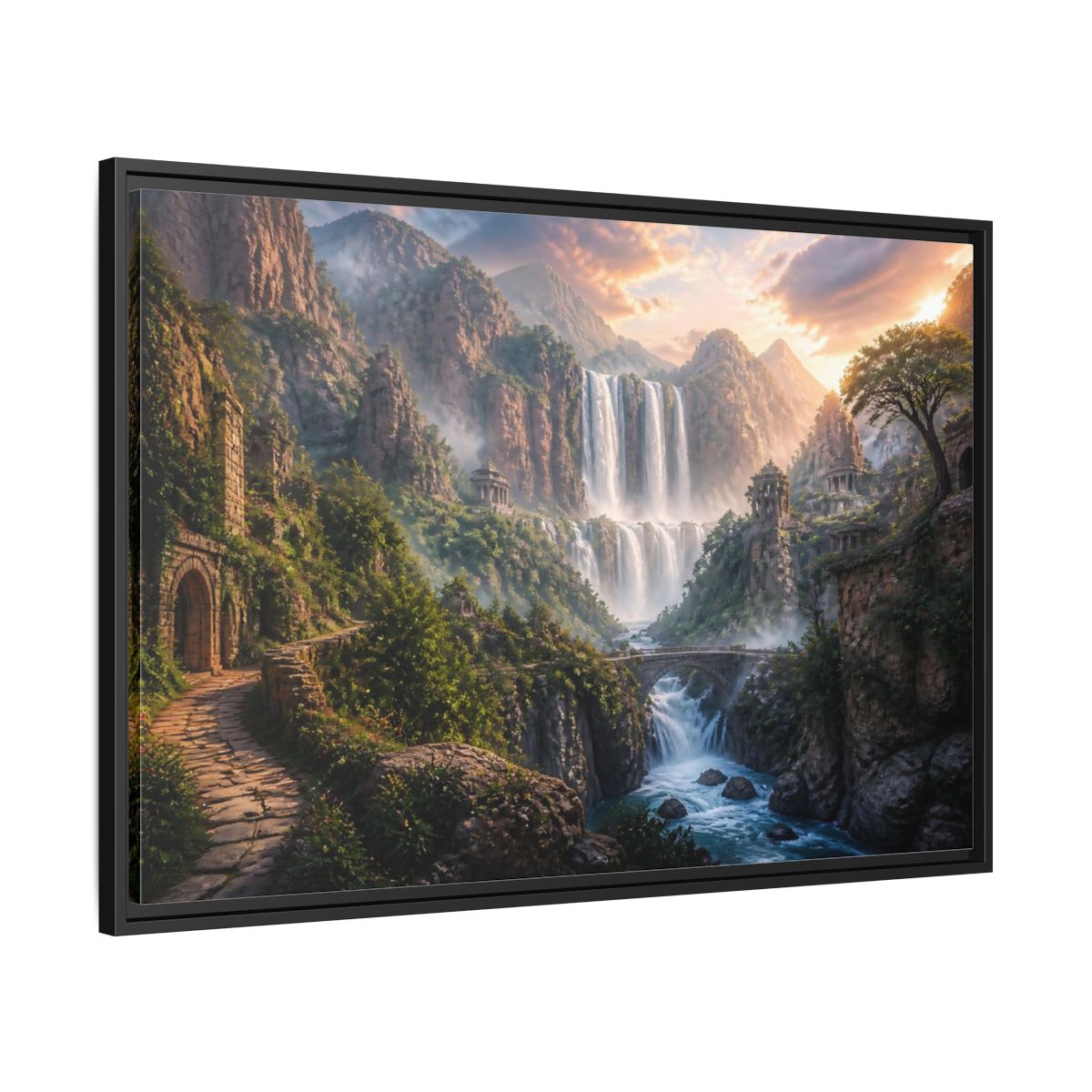 Side Mockup 13. Misty Canyon Waterfall Ruins shown as framed canvas print