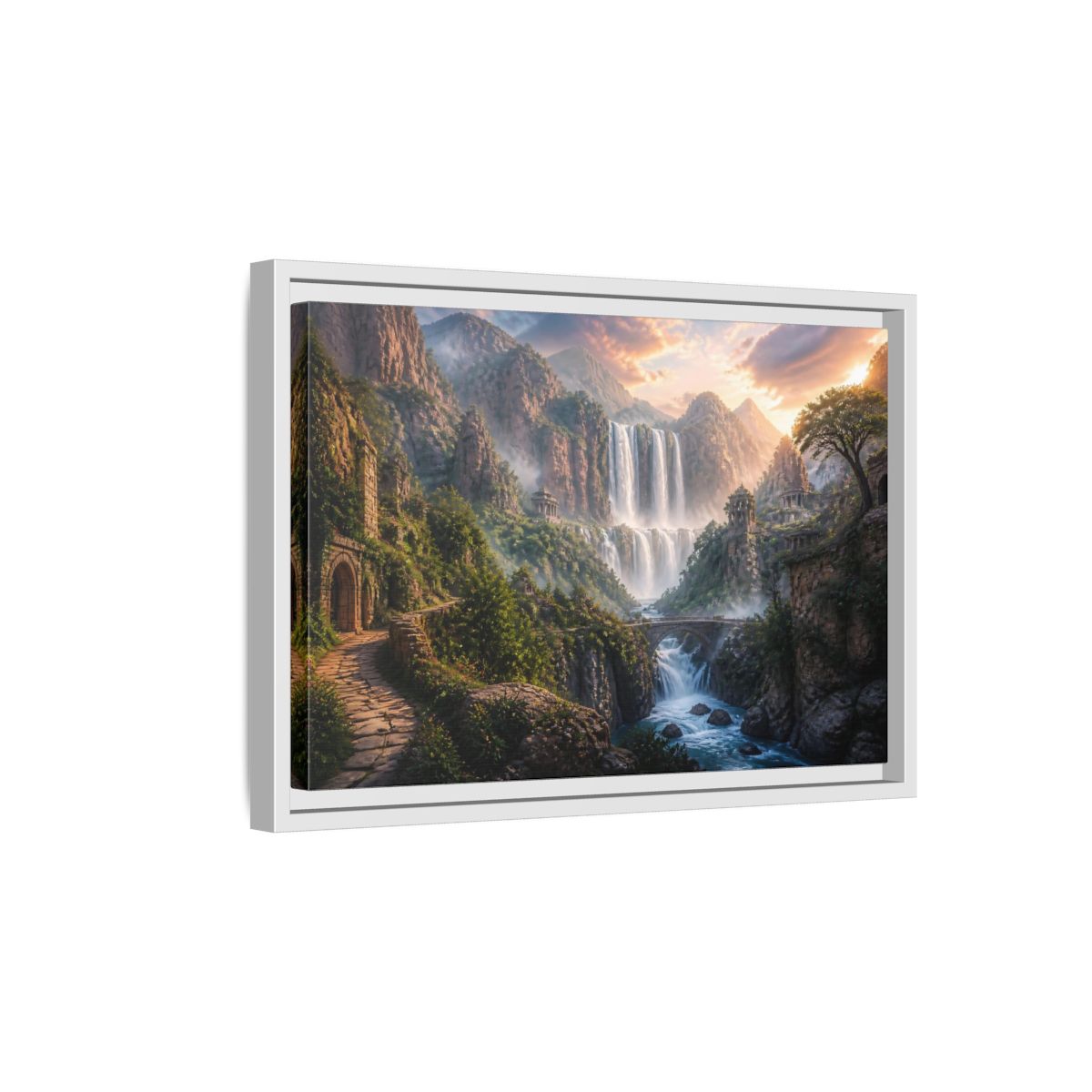 Side Mockup 4. Misty Canyon Waterfall Ruins shown as framed canvas print