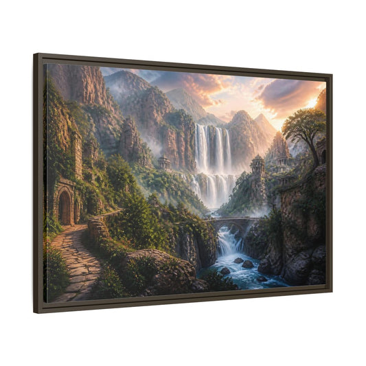 Main Mockup. Misty Canyon Waterfall Ruins shown as framed canvas print