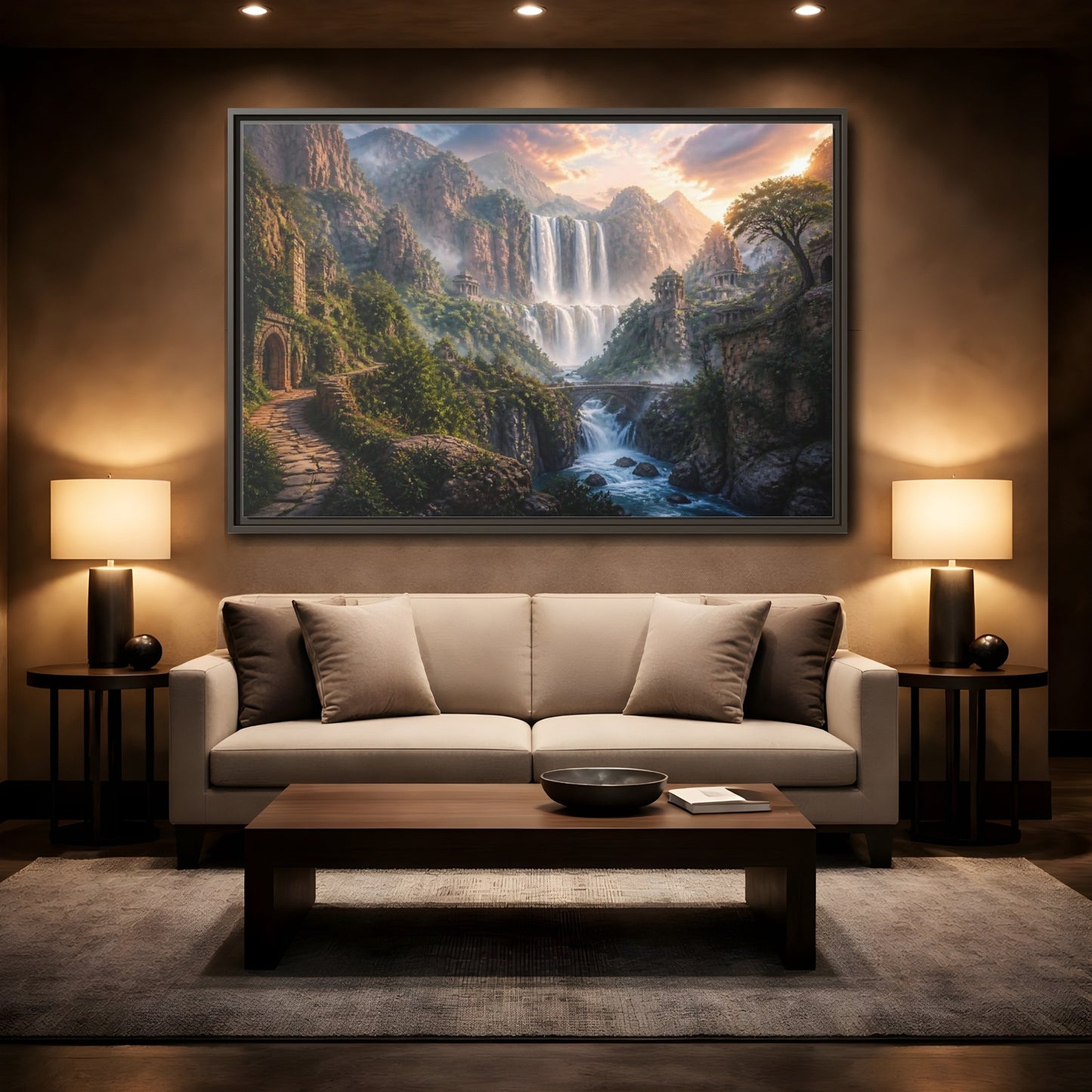 Mockup 2. Misty Canyon Waterfall Ruins shown as framed canvas print