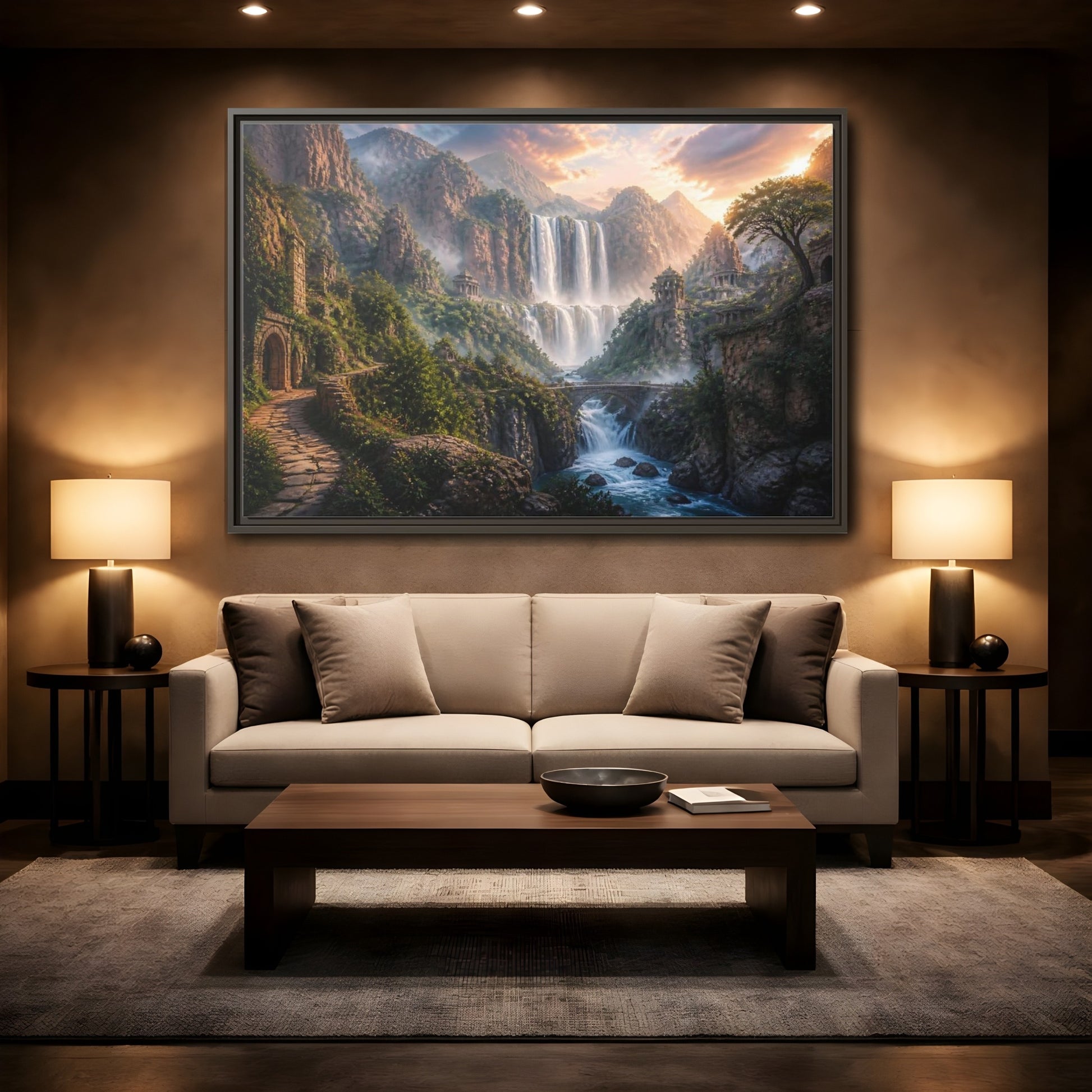 Mockup 2. Misty Canyon Waterfall Ruins shown as framed canvas print