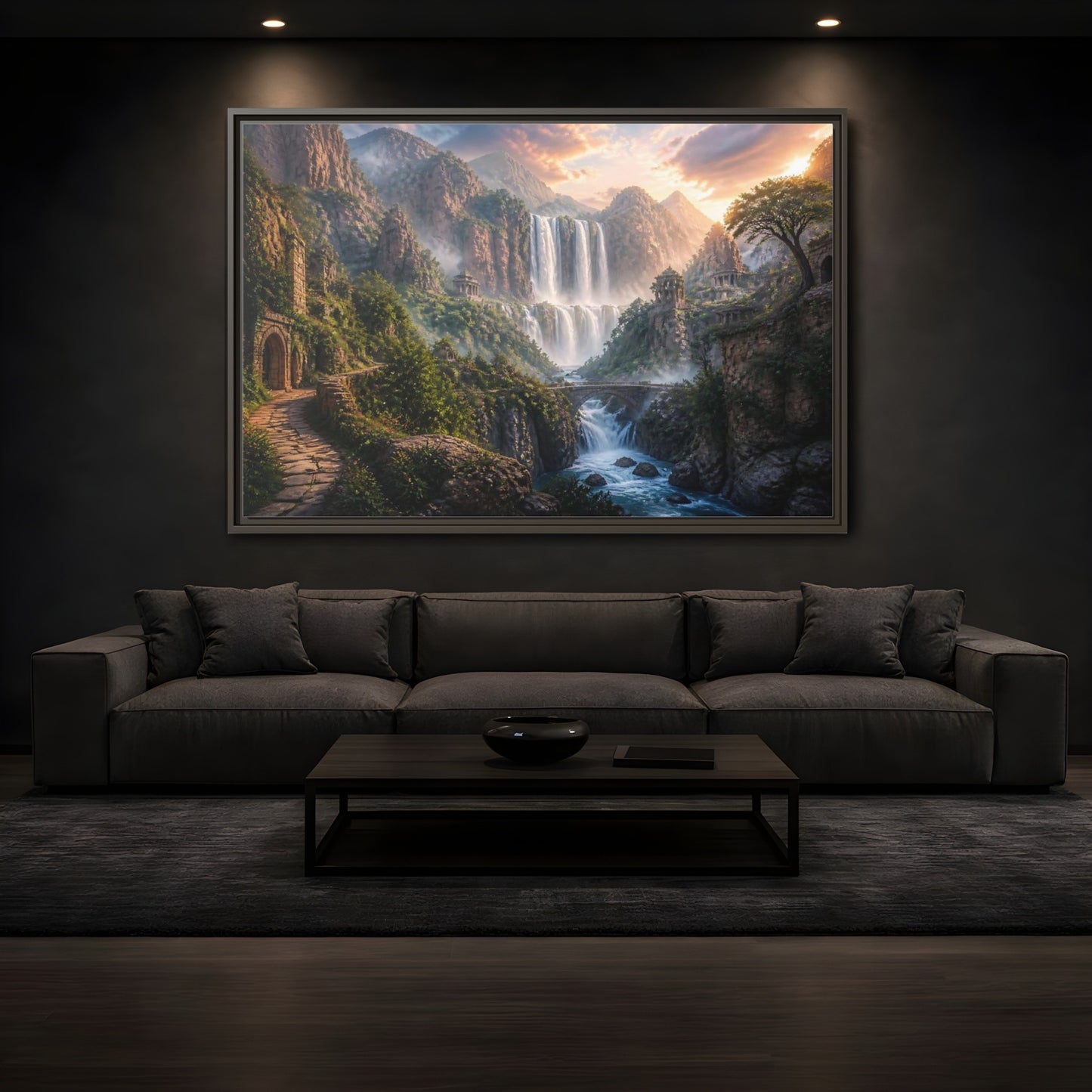 Mockup 3. Misty Canyon Waterfall Ruins shown as framed canvas print