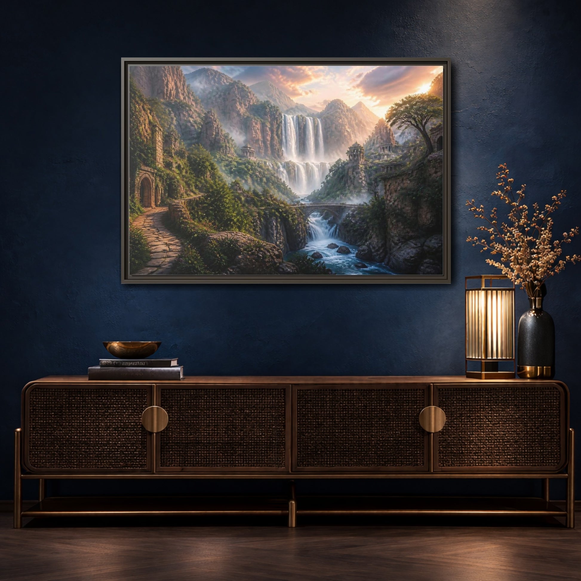 Mockup 4. Misty Canyon Waterfall Ruins shown as framed canvas print