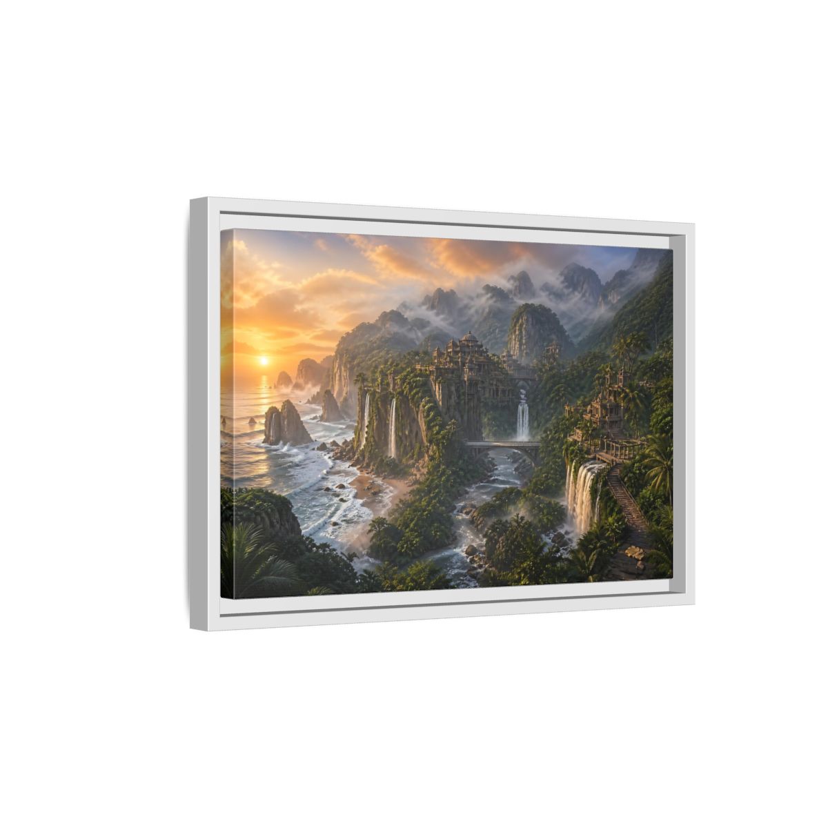 Side Mockup 4. Misty Coastal Citadel shown as framed canvas print