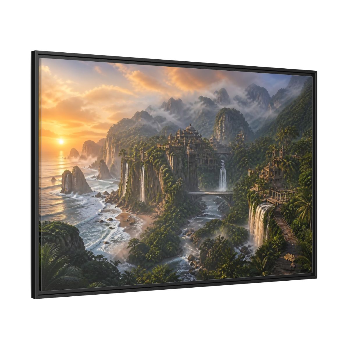 Side Mockup 12. Misty Coastal Citadel shown as framed canvas print