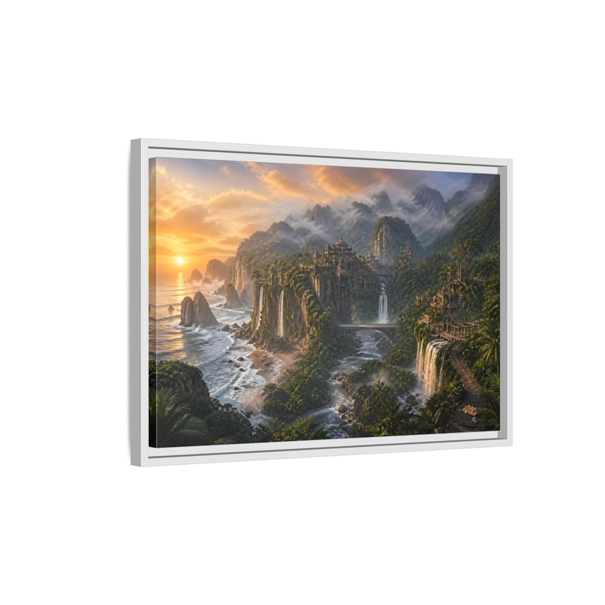 Side Mockup 1. Misty Coastal Citadel shown as framed canvas print