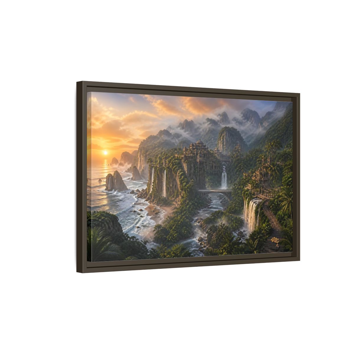 Side Mockup 2. Misty Coastal Citadel shown as framed canvas print